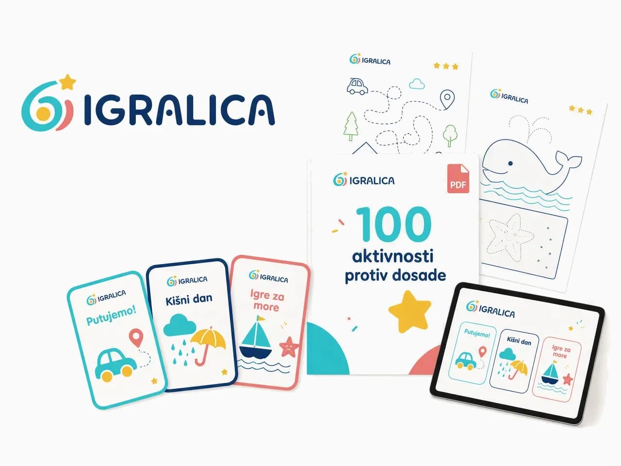 Paket Igralica: vodič sa 100 aktivnosti, kartice za izvlačenje igre, 30-dnevni izazov i brzi listovi, prikazani na papiru i na tabletu.